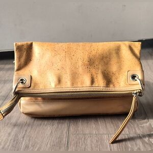Tan Cork Clutch Vegan Leather Pouch Foldover Minimalist Boho Eco Bag